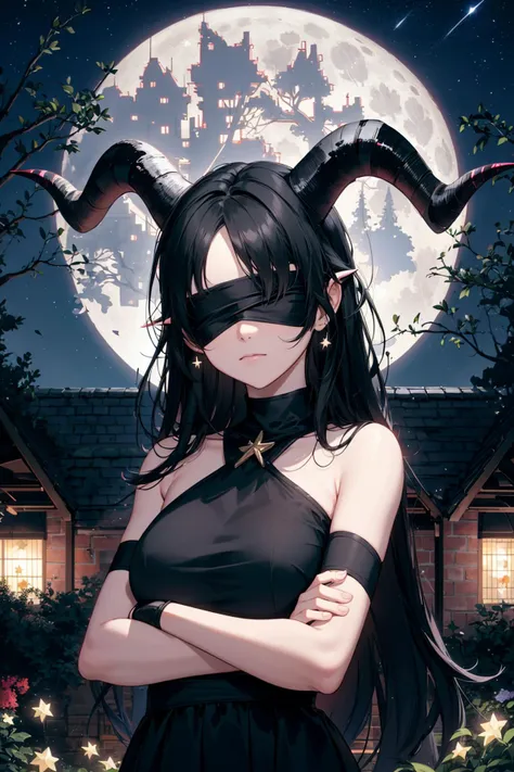 crossed arms, full moon, night, stars, black hair, blindfold, horns, portrait, indoors, building, garden, trees, bare shoulders