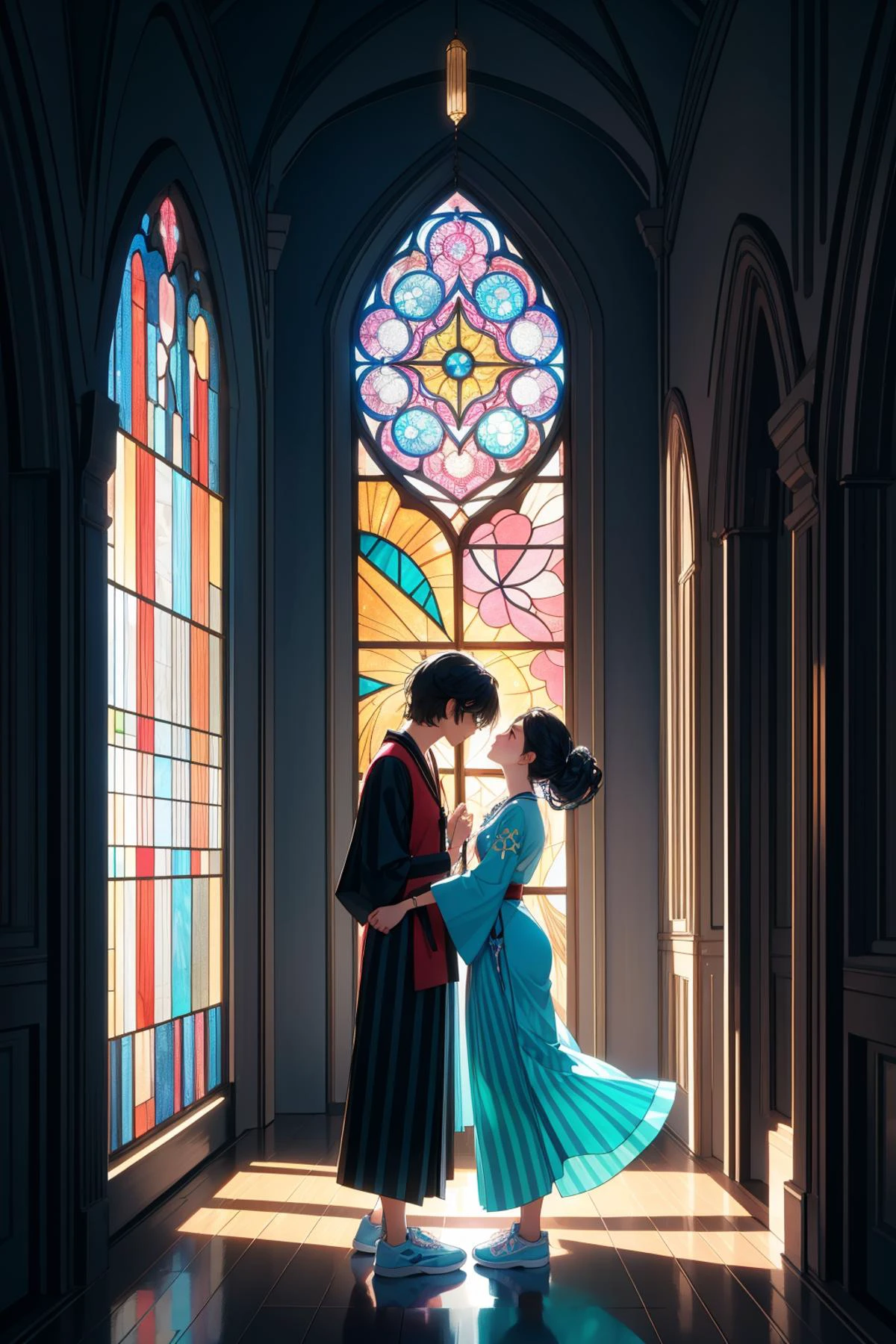 1girl, (stylized by Fred Stein:0.8) , photography art, charming Physically based render, elegant, high angle shot of a 75 y.o. very tall, long legs Japanese (Couple of Paradise:1.3) , the Couple are very Gentle and [Labyrinthine|Tasteful], they are wearing holy raiments, religious icons, cathedral, stained glass windows, colorful light through stained glass windows, they are feeling very lonely as a Queen, in a very Inspired Draconian Lime green Nightgown and Elder dark blue Striped dress and sneakers, they have TaishÅ Era hair, they have a Visionary [Bosnian|Contemporary] tiger print Three-Eyed, Necklace, from inside of a Paranoid Costa Rica, Iridescent jungle with Pear, Sun in the sky, Bokeh, Detailed illustration, Depressing, Synthwave Art, Ambient lighting, Low shutter, Mono Color, Concept artist, ethereal magical atmosphere, natural skin texture, sharp, most beautiful artwork in the world, UHD, dream