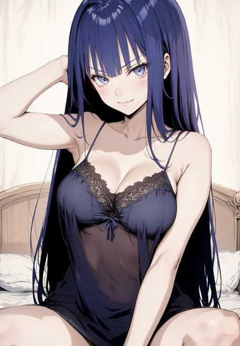 masterpiece, best quality, (sharp focus:1.2),
1girl, solo,
armpits, sitting, spread legs, from below,
(large breasts:1.2), breast focus, smug, smirk,
navy blue hair, long hair,
see-through camisole,
blush,
anime, (sketch:1.2),
