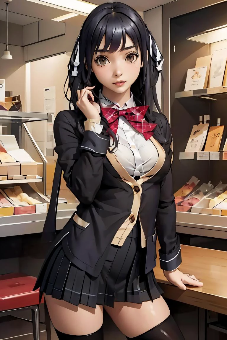 (masterpiece, best quality), <lora:itsugayakanade-nvwls-v1:1> itsugayakanade, hair ribbon, black blazer, red bowtie, yellow cardigan, plaid skirt, black thighhighs