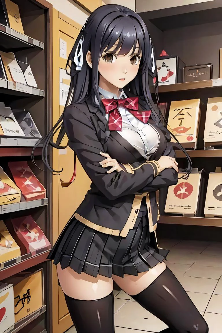 (masterpiece, best quality), <lora:itsugayakanade-nvwls-v1:1> itsugayakanade, hair ribbon, black blazer, red bowtie, yellow cardigan, plaid skirt, black thighhighs