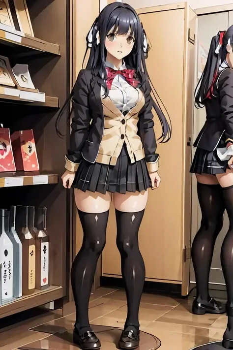 (masterpiece, best quality), <lora:itsugayakanade-nvwls-v1:1> itsugayakanade, hair ribbon, black blazer, red bowtie, yellow cardigan, plaid skirt, black thighhighs