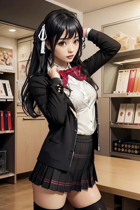 (masterpiece, best quality),  <lora:itsugayakanade-nvwls-v1:1> itsugayakanade, hair ribbon, black blazer, red bowtie, yellow cardigan, plaid skirt, black thighhighs