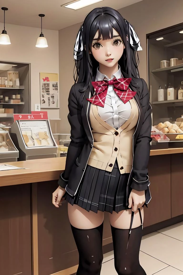 (masterpiece, best quality), <lora:itsugayakanade-nvwls-v1:1> itsugayakanade, hair ribbon, black blazer, red bowtie, yellow cardigan, plaid skirt, black thighhighs