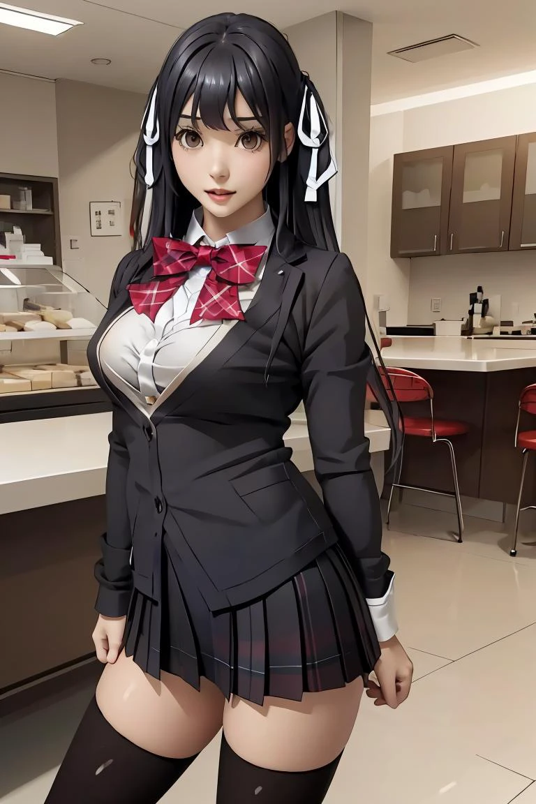(masterpiece, best quality), <lora:itsugayakanade-nvwls-v1:1> itsugayakanade, hair ribbon, black blazer, red bowtie, yellow cardigan, plaid skirt, black thighhighs