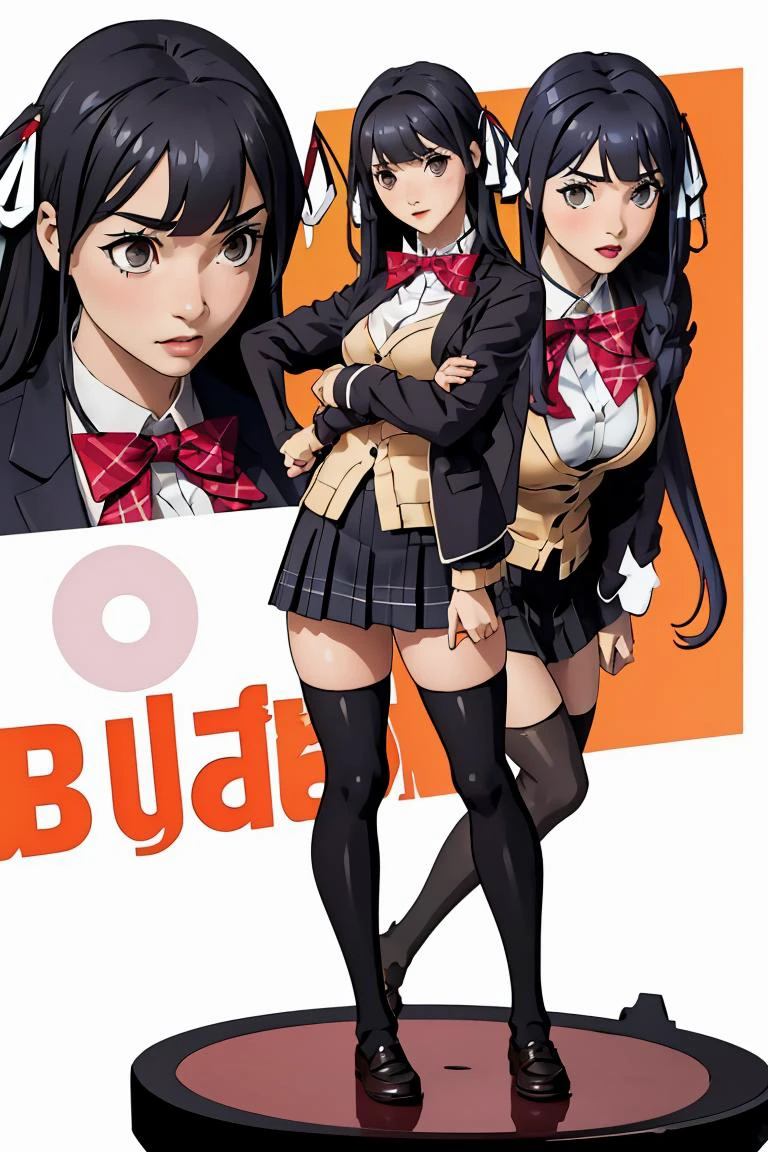 (masterpiece, best quality), <lora:itsugayakanade-nvwls-v1:1> itsugayakanade, hair ribbon, black blazer, red bowtie, yellow cardigan, plaid skirt, black thighhighs