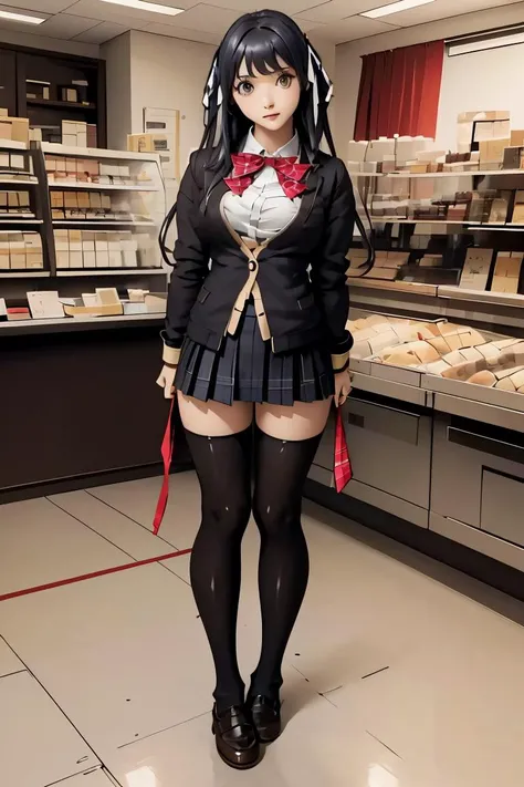 (masterpiece, best quality), <lora:itsugayakanade-nvwls-v1:1> itsugayakanade, hair ribbon, black blazer, red bowtie, yellow cardigan, plaid skirt, black thighhighs