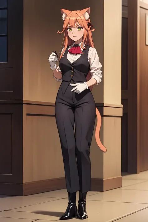 1girl, solo, beautiful adult mature woman age 30, standing, high quality, best quality, high detail, highres, 4k <lora:Char_btamer-Kanade:0.55> kanade, (white gloves), standing, (cat ears), butler outfit, black vest, tailcoat:1.2, elegant and sophisticated, Victorian era influence, tailored jacket, crisp white shirt, ascot, high-waisted trousers, polished leather boot heels, detailed embroidery, monochrome color palette, cinematic lighting 8k resolution,