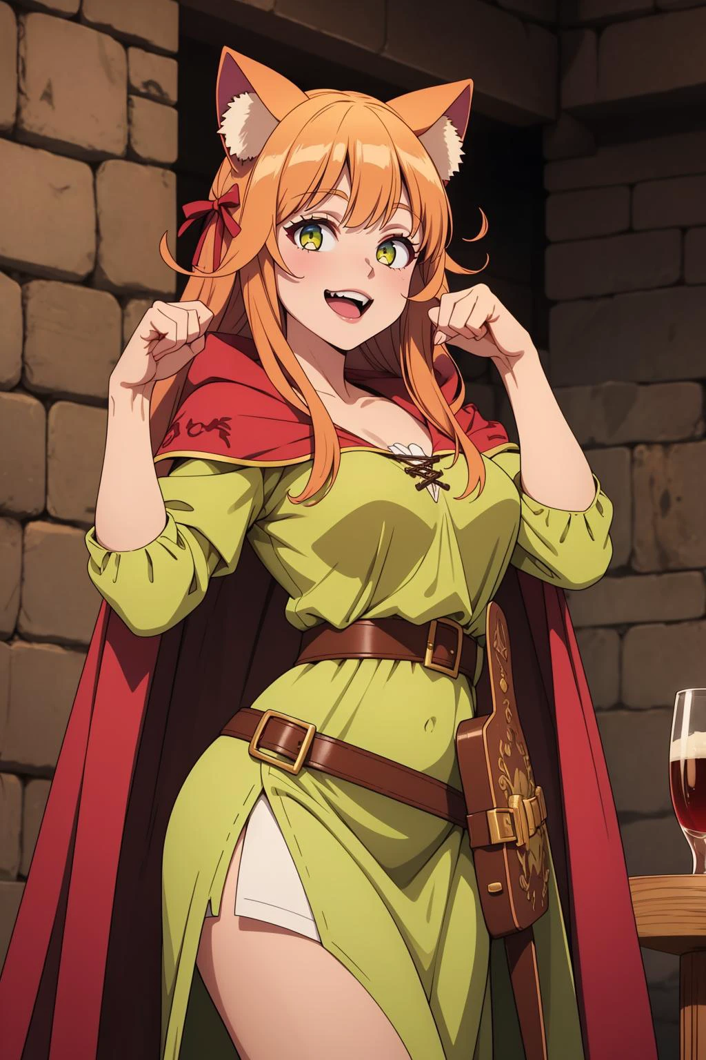 1girl, solo, beautiful adult mature woman age 30, standing, high quality, best quality, high detail, highres, 4k <lora:Char_btamer-Kanade:0.55> kanade, medieval bard outfit, ((laugh)), ((cat ears)),cavalier hat, wide brim hat, Dungeons & Dragons theme, detailed embroidery, flowing cloak, happy, singing, paw pose, vibrant colors, fantasy tavern setting, intricate design, 8k resolution, (medieval tavern backdrop), looking at viewer