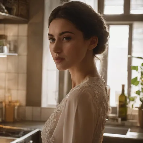 olga_alberti, <lora:OlgaAlbertiXL:1>, a woman in a white dress standing in a kitchen, ((perfect eyes, detailed eyes,realistic eyes)), (masterpiece, best quality, ultra-detailed, best shadow), high contrast, (best illumination), ((cinematic light)), colorful, hyper detail, dramatic light, intricate details, (1 girl, solo) , ultra detailed artistic photography, dreamy, backlit, shadows, ultra high definition, 8k, ultra sharp focus, ultra high quality model, soft lighting, film photography, analogue photography, hyperrealism,, ((sharp face, detailed face, realistic face, naturtal skin, realistic skin, detailed skin, pores))