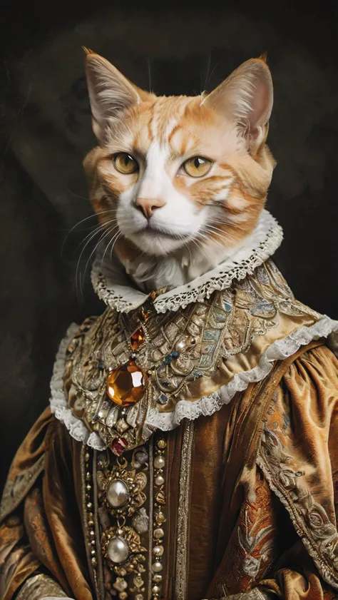 Cat,orange tabby,renaissance costume,ruff collar,golden robe,studio portrait,noble demeanor,detailed embroidery,ornate jewelry,dark background,regal pose,sharp focus,historical fashion,rich textures,