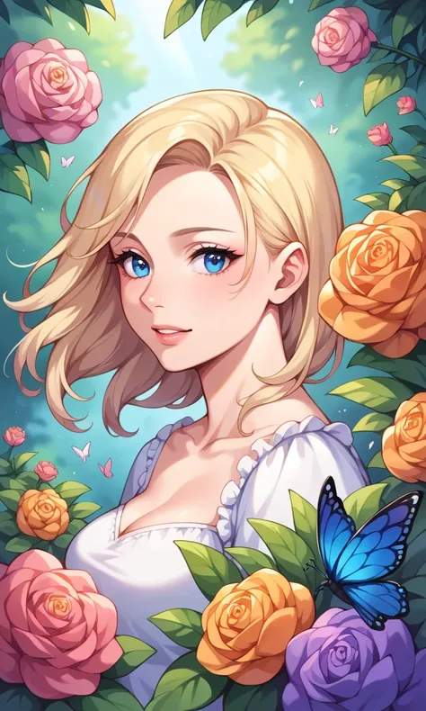 score_9, score_8_up, score_7_up, score_6_up, score_5_up, score_4_up, source_anime, BREAK, portrait, 1girl, solo, blonde hair, blue eyes, masterpiece, best quality, ultra-detailed, floating, beautiful detailed eyes, detailed light, fruits, flowers, colorful, garden, colorful background, forest, bird, butterfly