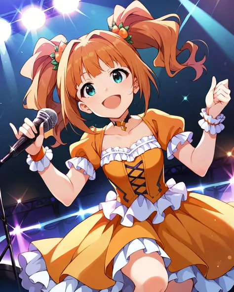 pinup of 1girl, solo, idol concert, singing on stage, cheerful, smile, open mouth, microphone, orange theme, stage lights, white pillar, multicolored neon, large television, glint, light particles, <lora:TakatsukiYayoi_pony_v1:0.9> tktkyyi, long hair, orange hair, twintails, bangs, aqua eyes, hair ornament, flat chest, small breasts, idol clothes, orange dress, short sleeves, white frills, frilled wristband, skirt, thighs, jewelry, choker,, score_9, score_8_up, score_7_up, source_anime,