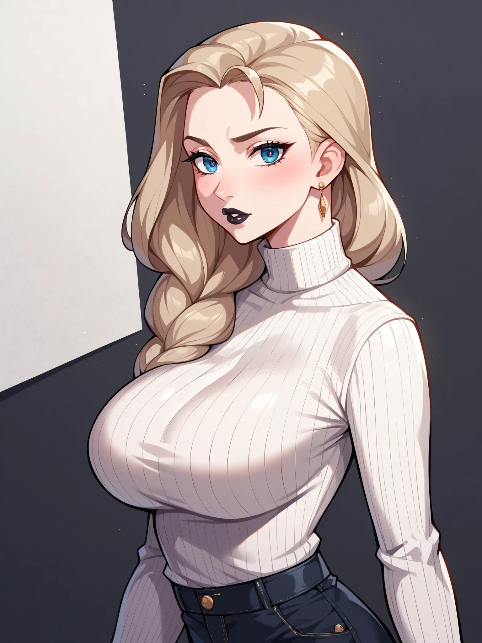 score_9, score_8_up, score_7_up, score_6_up, score_5_up, score_4_up, source_anime, BREAK, masterpiece, best quality, ultra-detailed, 1girl , sensuous, Abstract Painting, Turtleneck sweater, wide-leg pants, Queen, Average Height, Lean, Round Face, Fair Skin, Light Brown Hair, peach Eyes, [[Curved Nose]], Pouty Lips, Receding Chin, Shoulder-Length Hair, Coarse Hair, Stacked Bob, round breasts, Threader earrings, black satin lipstick, Striking a dynamic pose frozen in mid-movement , large breasts,  <lora:add_detail:1>