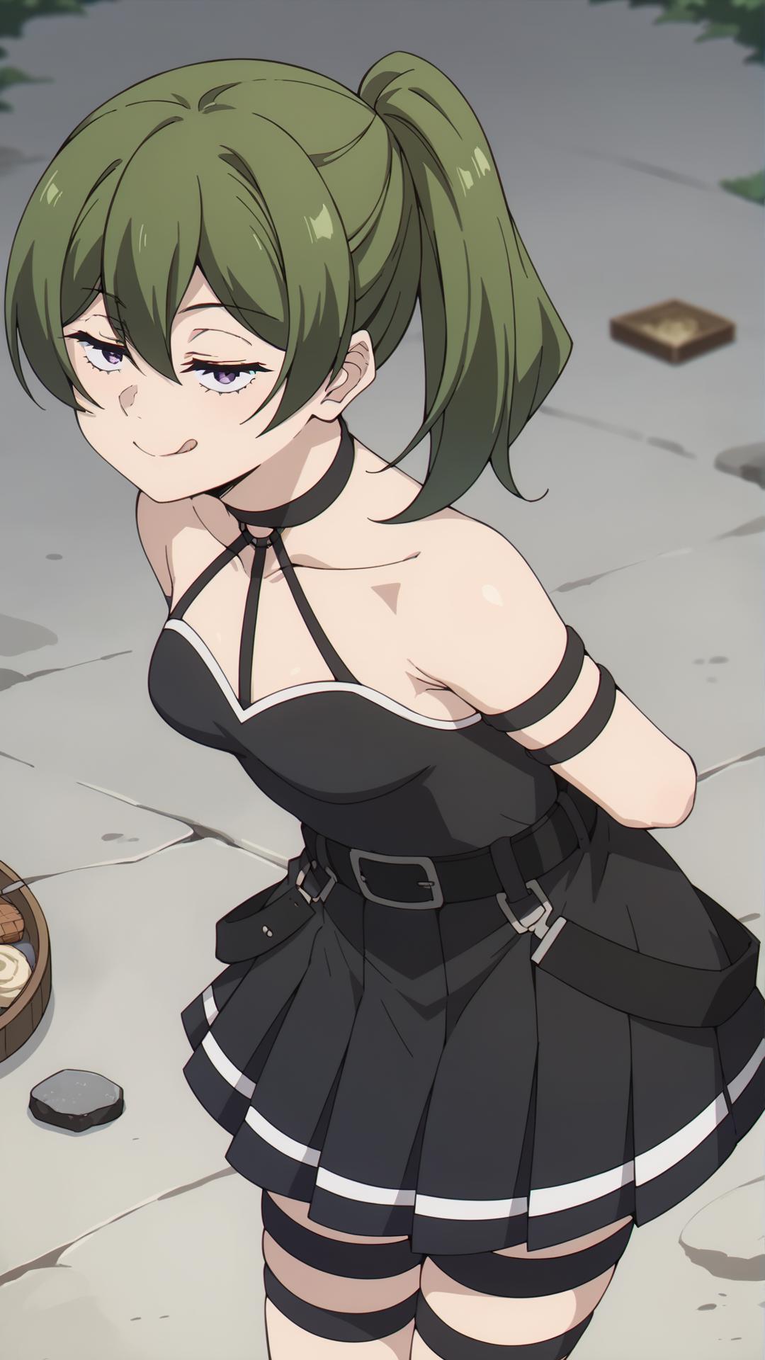 Anime girl in black dress with green hair and a basket of food - SeaArt AI
