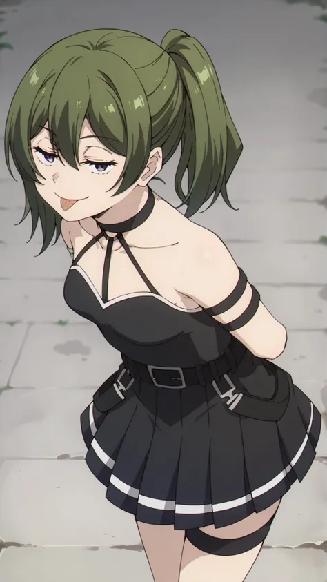 score_9, score_8_up, score_7_up, score_6_up, score_5_up, score_4_up, source_anime, BREAK
best quality, ultra-detailed, 1girl, ubel, (half-closed eyes), BREAK
halterneck, black choker, armlet, arm strap, bare shoulders, black gloves, single glove, black dress, sleeveless dress, pleated dress, black belt, calflet, thigh strap, black footwear, (thick), provocative, leaning forward, arms behind back, smirk, tongue, tongue out, <lora:ubel_ponyxl_v1:0.85>