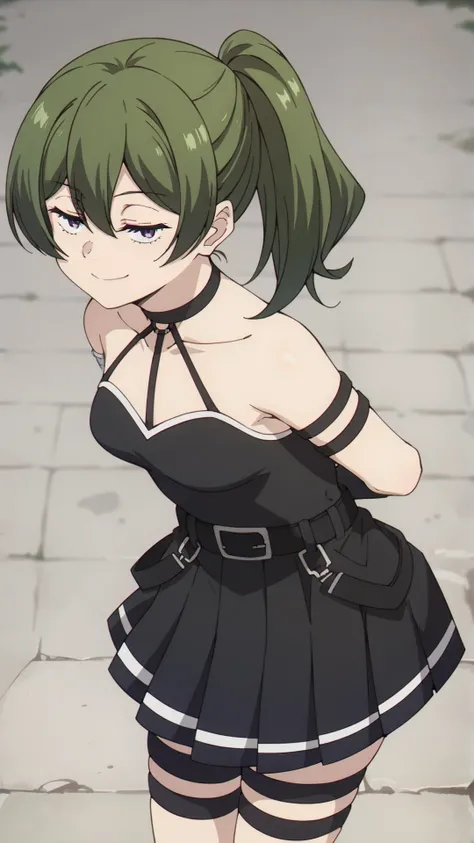 score_9, score_8_up, score_7_up, score_6_up, score_5_up, score_4_up, source_anime, BREAK
best quality, ultra-detailed, 1girl, ubel, (half-closed eyes), BREAK
halterneck, black choker, armlet, arm strap, bare shoulders, black gloves, single glove, black dress, sleeveless dress, pleated dress, black belt, calflet, thigh strap, black footwear, (thick), provocative, leaning forward, arms behind back, smirk, <lora:ubel_ponyxl_v1:0.85>