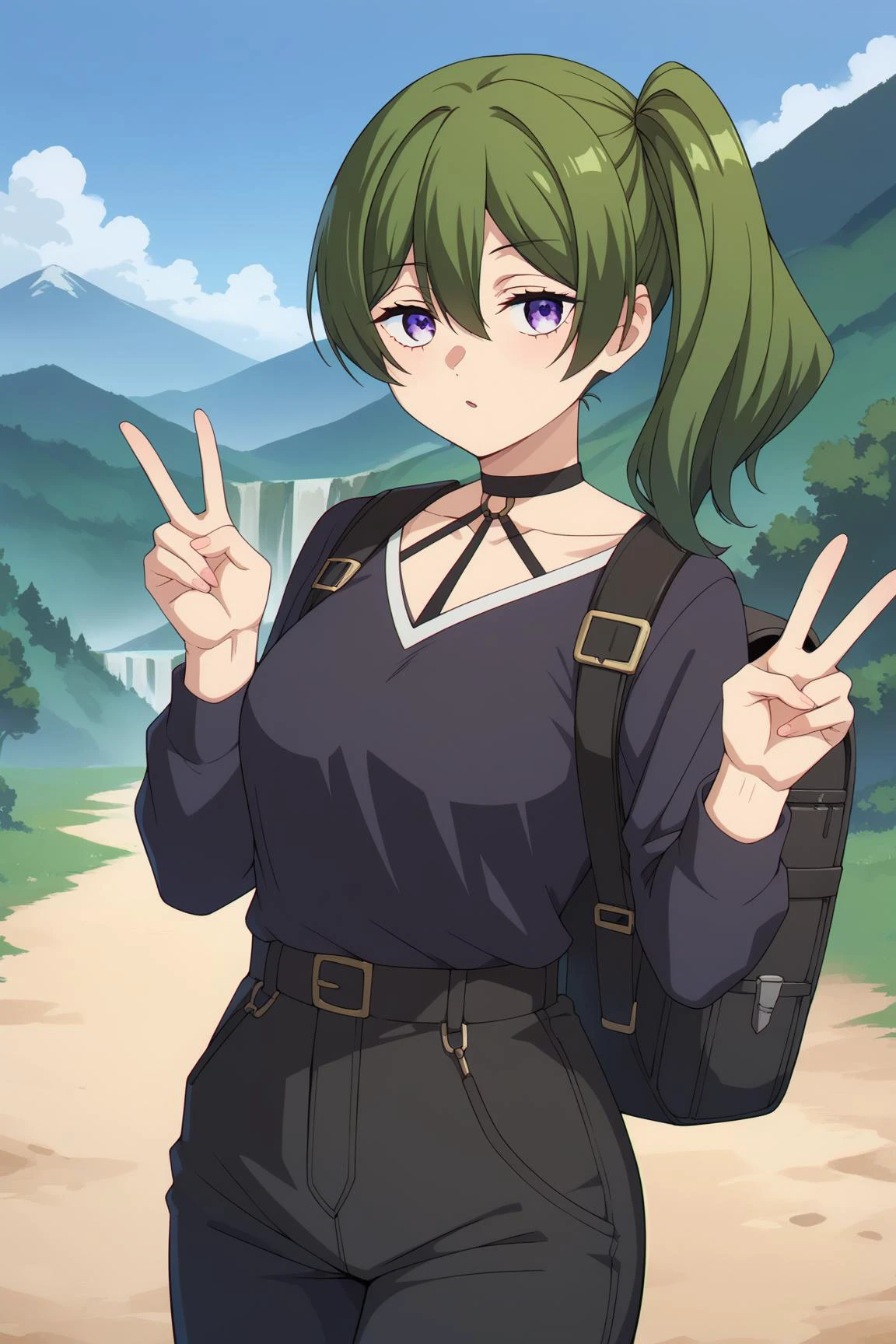 score_9, score_8_up, score_7_up, rating_explicit, source_anime, source_cartoon, pretty, perfect detailed, detailed face, detailed eyes, beautiful eyes, zPDXLpg, 1girl, solo, forest, mountains, sunny, large backpack,
wearing pullover jacket, black pullover, long jacket, pants,
<lora:Ubel_PonyXL:1> ubel, green hair, bangs,hair between eyes,side ponytail, purple eyes, double v, <lora:neg4all_bdsqlsz_xl_V91:1>, <lora:neg4all_bdsqlsz_xl_V91:1>