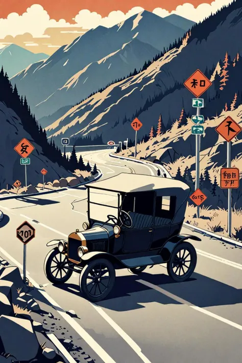 a ford model t and traffic signs in a mountainscape in the style of aya takano color style, exhausted, <lora:sdxl_lightning_8step_lora.safetensors:1.0>, <lora:add detail xl.safetensors:1.5>