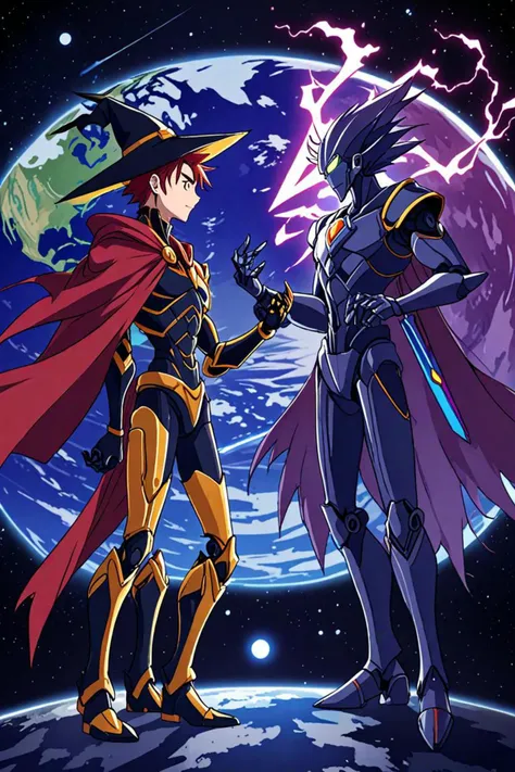 a warrior man and robot wizard in a orbiting earth in the style of anime style. 8k, intense flirting, <lora:sdxl_lightning_8step_lora.safetensors:1.0>, <lora:add detail xl.safetensors:1.5>