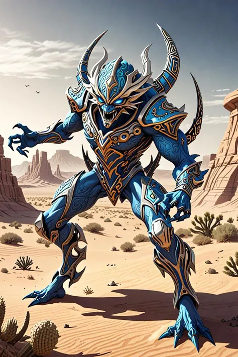a fantasy creatures and menacing pose in a futuristic in the desert in the style of hyper detailed ornament, labile temper, <lora:sdxl_lightning_8step_lora.safetensors:1.0>, <lora:add detail xl.safetensors:1.5>