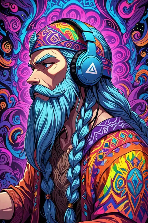 a wearing headphones and long braided viking beard in a press conference in the style of psychedelic artwork, stunning cgsociety, <lora:sdxl_lightning_8step_lora.safetensors:1.0>, <lora:add detail xl.safetensors:1.5>