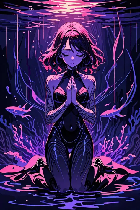 a modern clothes and praying posture in a an underwater alien ocean in the style of stunning inking lines, seductive glances, <lora:sdxl_lightning_8step_lora.safetensors:1.0>, <lora:add detail xl.safetensors:1.5>