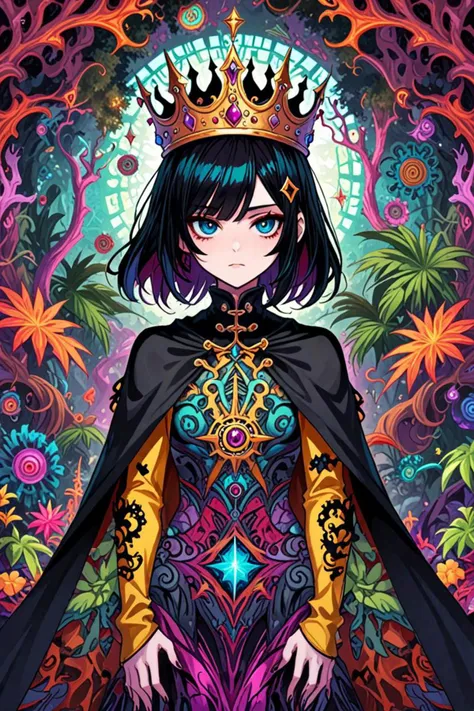 a female emo art student and wearing a crown and cape in a terrestrial paradise in the style of trippy fractals, chi gong, <lora:sdxl_lightning_8step_lora.safetensors:1.0>, <lora:add detail xl.safetensors:1.5>