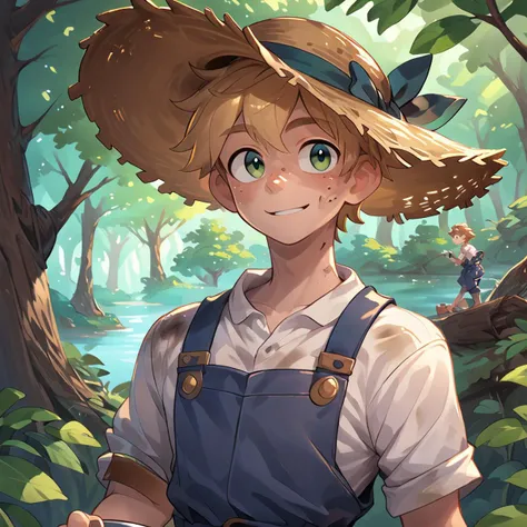 score_9, score_8_up, score_7_up, source_anime, short boy with short blonde hair in blue overalls holding a bucket, white shirt, green eyes, thin face, enchanted forest, fantasy, summer, sunny, trees, straw hat, freckles, dirty, stare, smile, <lora:OtherStyle_05V1:1>, <lora:granblue_fantasy_v2:1> gbfpxnl,