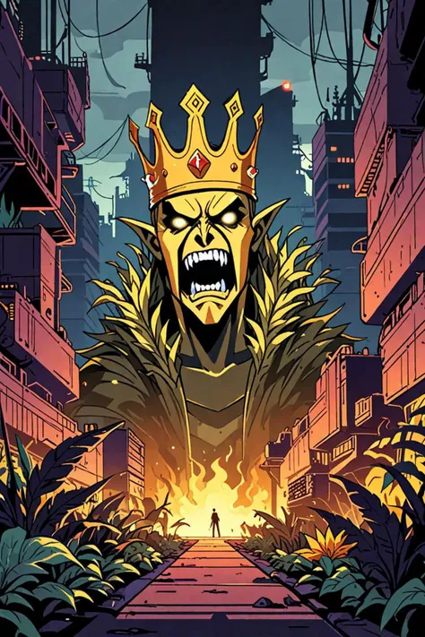 a wearing a golden crown and living flora in a in a sci fi shipping port in the style of flat 2 d vector art, menacing!, <lora:sdxl_lightning_8step_lora.safetensors:1.0>, <lora:add detail xl.safetensors:1.5>