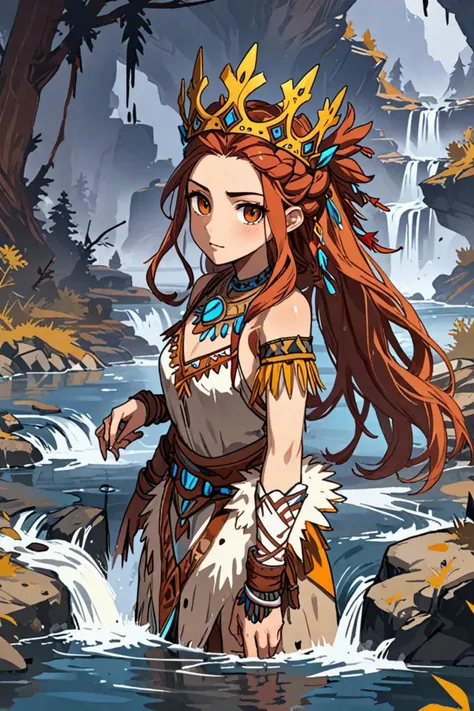 a big brown eyes and ancient crown in a water flowing in the style of horizon zero dawn aesthetic, best of art station, <lora:sdxl_lightning_8step_lora.safetensors:1.0>, <lora:add detail xl.safetensors:1.5>