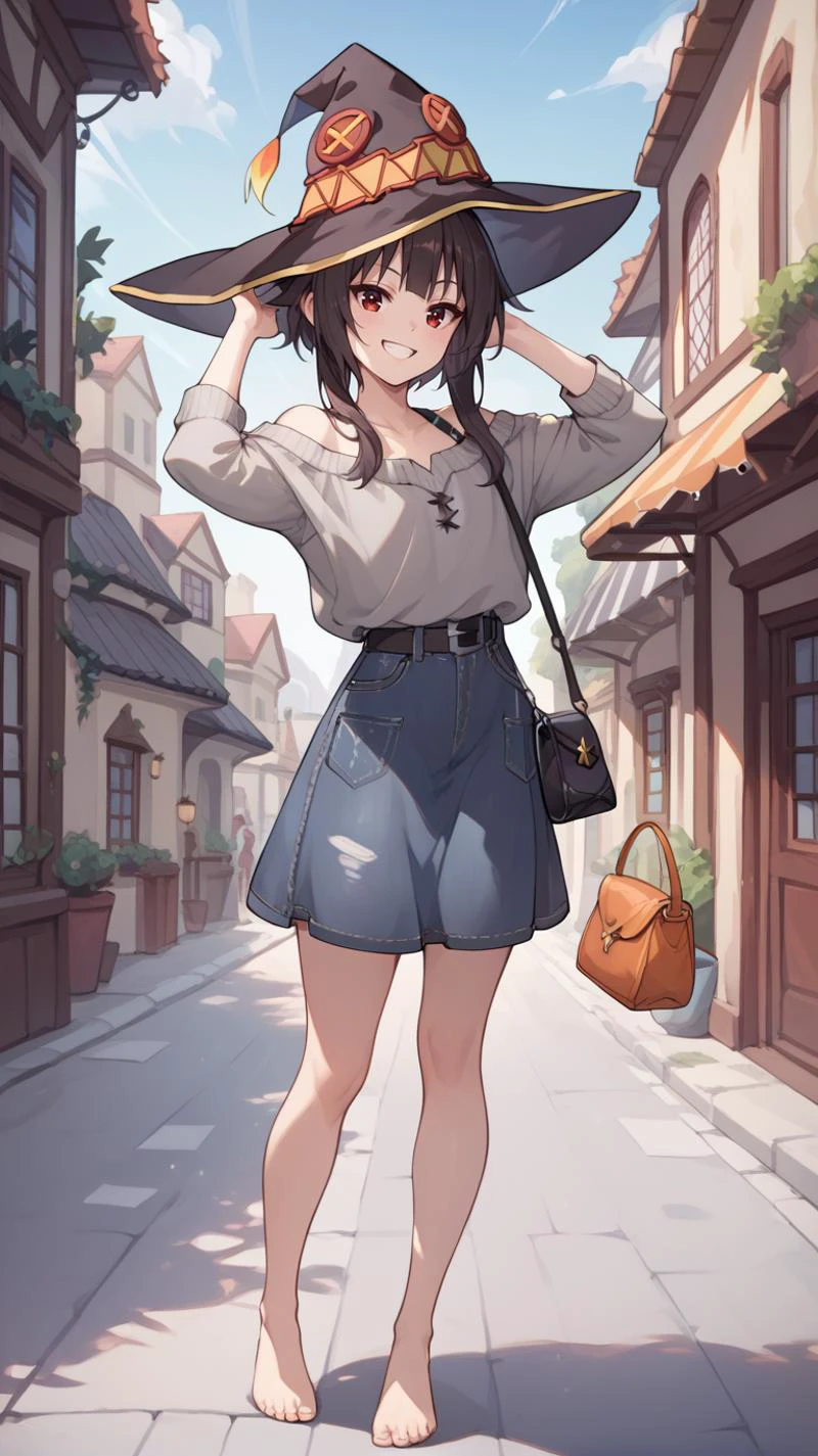HDA_CableKnitXL ,standing on street ,,,smile, arms up, feet raised, , sol <lora:Megumin_Pony:0.8> Megumin,witch_hat, , black_hat, ,handbag,, score_9, score_8_up,score_7_up,score_6_up,