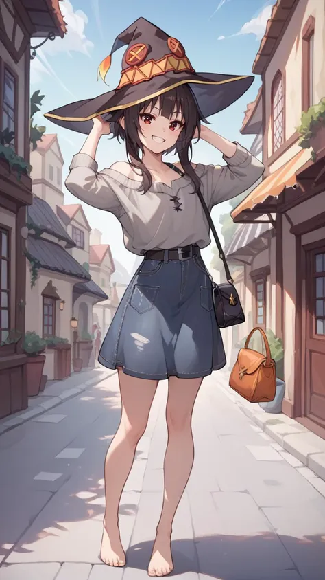 HDA_CableKnitXL   ,standing on street ,,,smile, arms up,  feet raised,  , sol    <lora:Megumin_Pony:0.8> Megumin,witch_hat, , black_hat,  ,handbag,, score_9, score_8_up,score_7_up,score_6_up,