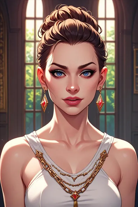 score_9, score_8_up, score_7_up, a vintage frame window and wearing white v neck top in a multiplayer set piece :9 in the style of award winning historic painting, devious evil expression, <lora:sdxl_lightning_8step_lora.safetensors:1.0>, <lora:add detail xl.safetensors:1.5>