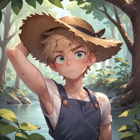 score_9, score_8_up, score_7_up, source_anime, short boy with short blonde hair in blue overalls scratching his ear, raised arm, skinny, white shirt, green eyes, thin face, enchanted forest, fantasy, summer, sunny, trees, straw hat, freckles, dirty, confused, raised eyebrow, <lora:OtherStyle_05V1:1>, <lora:granblue_fantasy_v2:1> gbfpxnl,