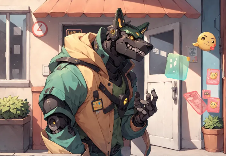 score_9, score_8_up, score_7_up, score_6_up,
dog man, robot, robotic animal ears, yellow and green jacket, strap, shoulder armor, hand out, sharp teeth, yellow eyes, hologram emoji, floating gui,