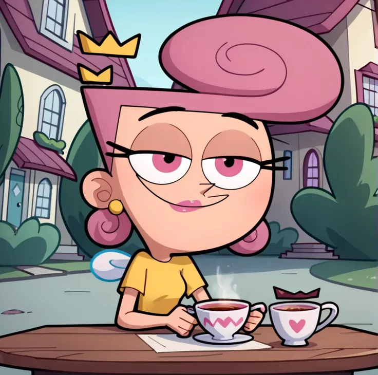 score_9, score_8_up, score_7_up, score_6_up, score_5_up, score_4_up,
<lora:Wanda_Fairly_OddParents:0.8>, 1girl, wandafp, pink hair, earrings, pink eyes, pink lipstick, crown, wings, floating, solo, BREAK, yellow shirt, black pants,
outdoors, at table, cup of tea on table, smile, half-lidded eyes, pov, in town,
