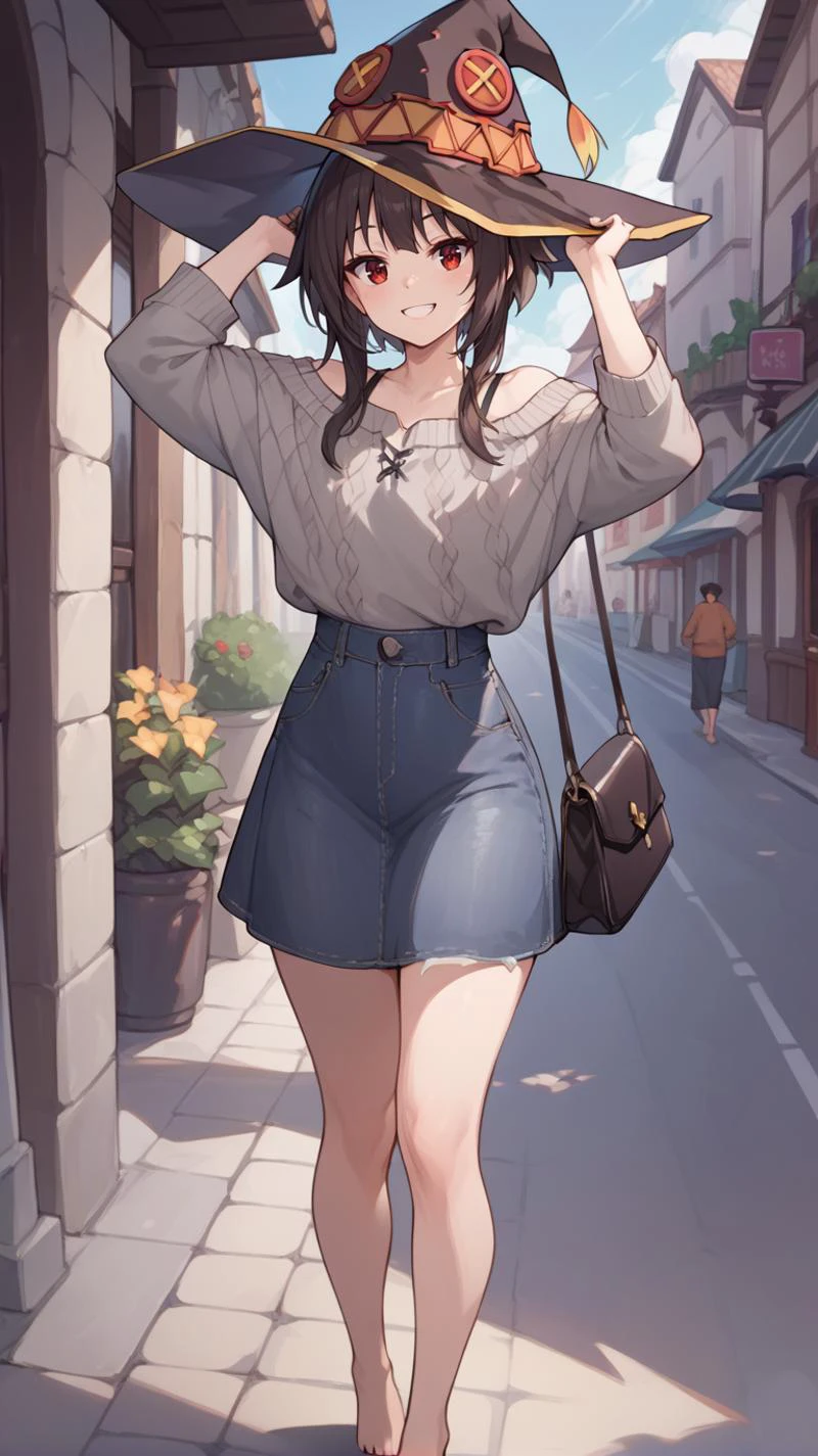 HDA_CableKnitXL ,standing on street ,,,smile, arms up, feet raised, , sol <lora:Megumin_Pony:0.8> Megumin,witch_hat, , black_hat, ,handbag,, score_9, score_8_up,score_7_up,score_6_up,