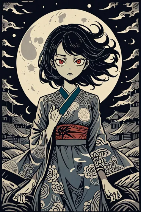 a clothing and asian women in a moon behind in the style of linocut art print, frightening and staring, <lora:sdxl_lightning_8step_lora.safetensors:1.0>, <lora:add detail xl.safetensors:1.5>