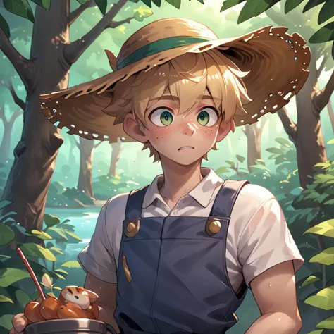 score_9, score_8_up, score_7_up, source_anime, short boy with short blonde hair in blue overalls holding a bucket, white shirt, green eyes, thin face, enchanted forest, fantasy, summer, sunny, trees, straw hat, freckles, dirty, (laughing:0.4), confused, <lora:OtherStyle_05V1:1>, <lora:granblue_fantasy_v2:1> gbfpxnl,