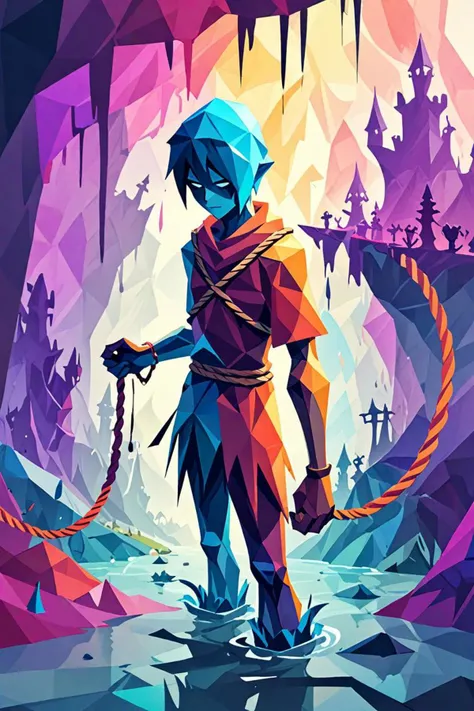 a low poly character and ropes in a fantasy world concept in the style of water color splash, goosebumps, <lora:sdxl_lightning_8step_lora.safetensors:1.0>, <lora:add detail xl.safetensors:1.5>