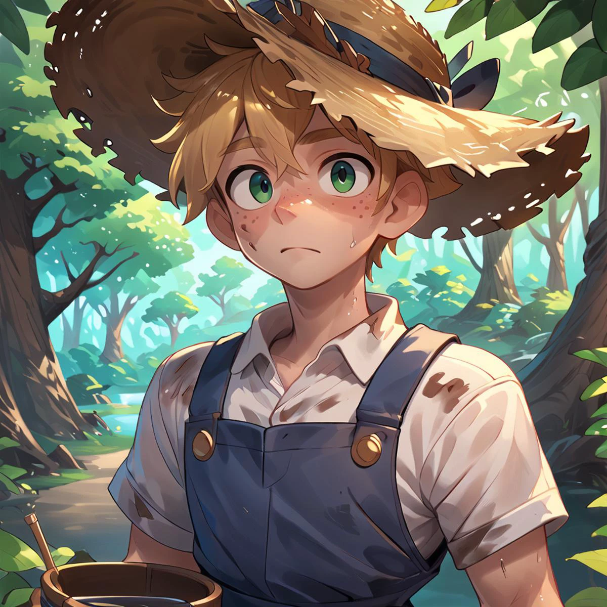 score_9, score_8_up, score_7_up, source_anime, short boy with short blonde hair in blue overalls holding a bucket, white shirt, green eyes, thin face, enchanted forest, fantasy, summer, sunny, trees, straw hat, freckles, dirty, <lora:OtherStyle_05V1:1>, <lora:granblue_fantasy_v2:1> gbfpxnl,