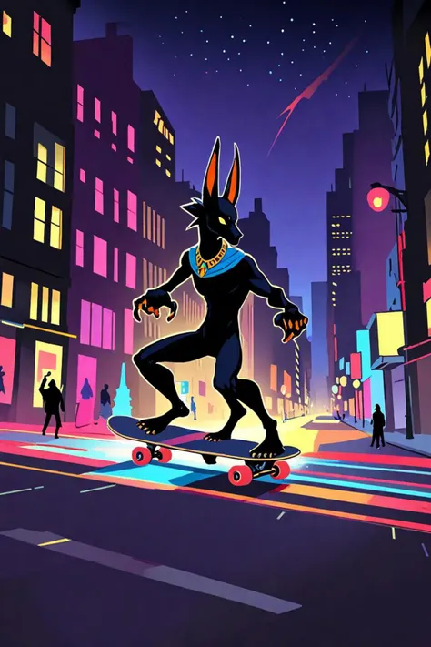 a monster skateboarding and anubis in a midnight city lights in the style of gilbert stuart style, very beautiful, <lora:sdxl_lightning_8step_lora.safetensors:1.0>, <lora:add detail xl.safetensors:1.5>