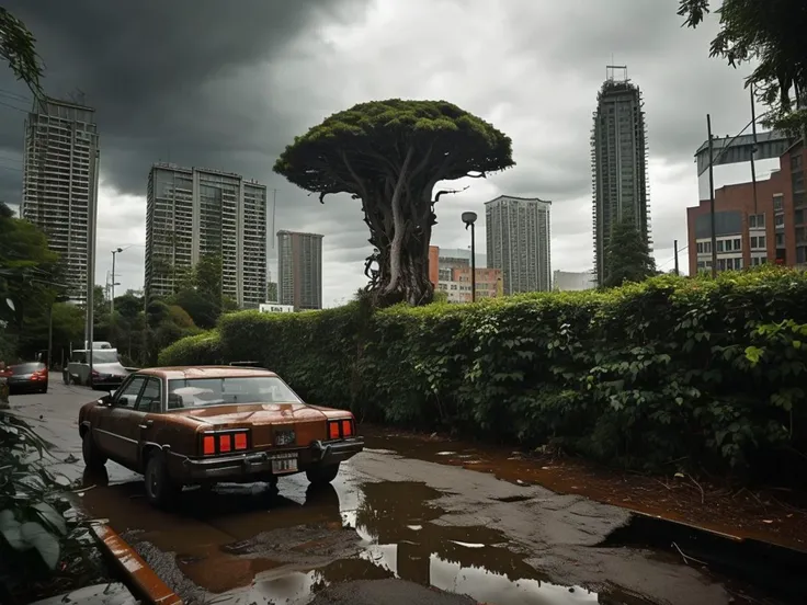 hyperrealistic art vultures stormy weather, skyscraper city over taken with ivy, city jungle, brush, trees, bushes, rusted city, rusted cars, puddles, people, professional quality, high quality, (photo realistic), extremely high-resolution details, photographic, realism pushed to extreme, fine texture, incredibly lifelike