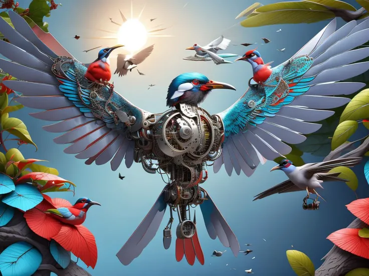 Wide Zoom full-body, ((masterpiece)), ((best quality)), 8k, high detailed, ultra-detailed, A, (metalic:1.3), (mechanical bird:1.5), with (2wings:1.2), hummingbird harmoniously integrated into the beauty of nature, capturing the balance between technology and the environment, mechanical bird, ((nature)), ((harmonious integration)), ((technology and environment balance)), metallic feathers, gear mechanisms, perched on tree branch, fluttering leaves, sun rays through canopy, reflection in a pond, perspective, (MechanicalBird:1.1) (metallic white|red|turquise)