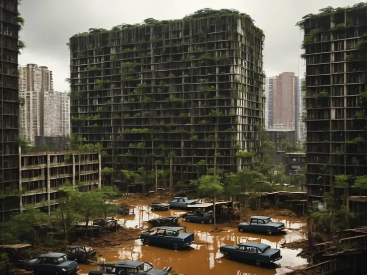 hyperrealistic art vultures stormy weather, skyscraper city over taken with ivy, city jungle, brush, trees, bushes, rusted city, rusted cars, puddles, people, professional quality, high quality, (photo realistic), extremely high-resolution details, photographic, realism pushed to extreme, fine texture, incredibly lifelike