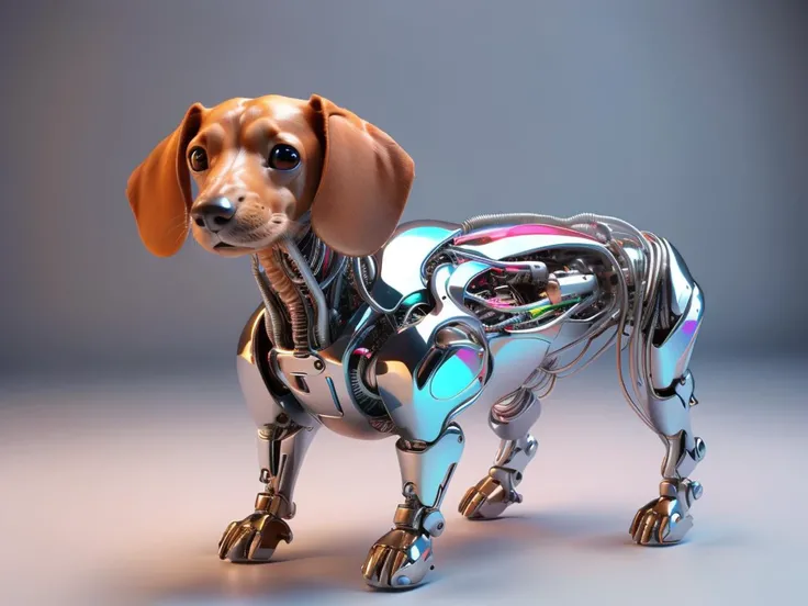 full body complex render ultra detailed of a beautiful porcelain cracked (adorable:1.3) android dachshund,cyborg,robotic parts,150mm,beautiful studio soft light,rim light,vibrant details,luxurious cyberpunk,hyperrealistic,anatomical,cable electric wires,microchip,elegant,beautiful background,octane render,iridescent silver and brown,masterwork by head of prompt engineering