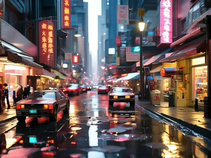 diorama made of lego bricks showing a busy streets in futuristic hi=tech sci-fi Chinatown at night with robots serving street food. Skyscrapers in the background. Neonlight reflections on futuristic cars and wet streets., detailed, highres, realistic, large depth of field, cinematic lighting
