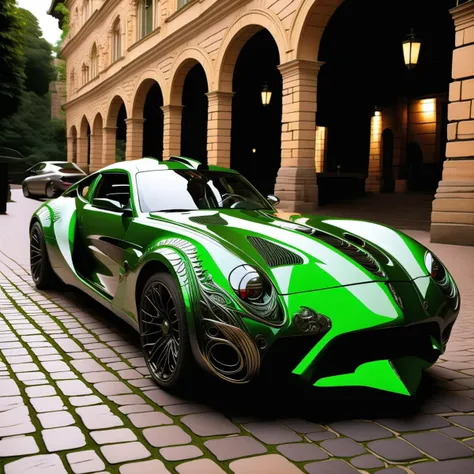 broly demonic ferari car see the whole car side view with green-red tint ultra realistic super detailed cinematic lighting, intricate details, sharp focus, creepy, scary, complex background, fantasy landscape intricate, filigree, clarity, dynamic lighting, clarity, high quality, 8k , sharp focus, realism, beautifully drawn, ratio, centered