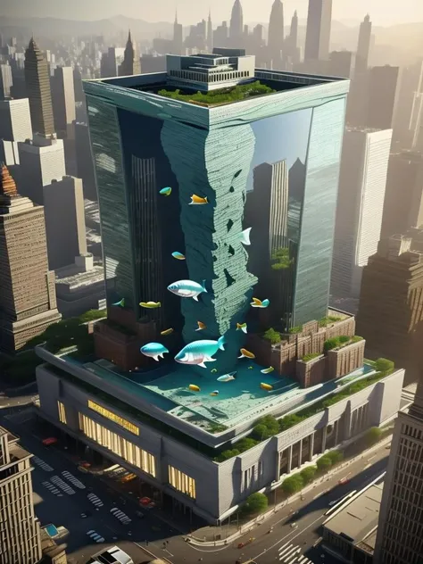 aerial view of a giant fish tank shaped like a tower in the middle of new york city, 8k octane render, photorealistic